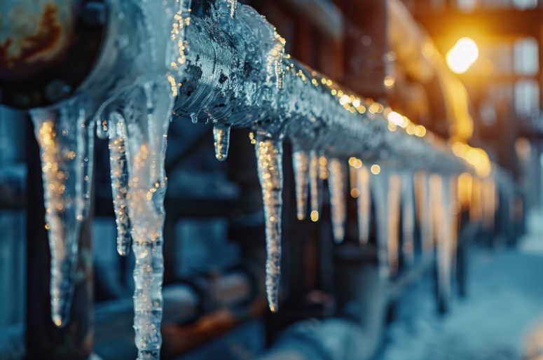 Ice forms on a pipeline